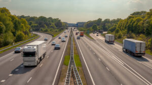 A motorway with several vehicles on it including lorries