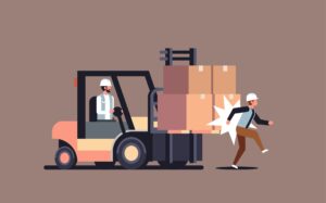 Unsafe practices in the workplace illustrated with an overstocked forklift crashing into another worker. 