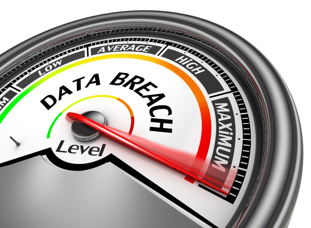 a data breach severity gauge showing the level to be maximum