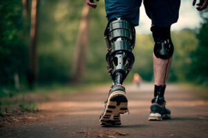 A man with a prosthetic leg walks down a path.