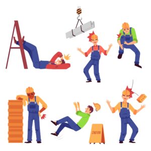 Cartoon workers depicting different types of accidents at work