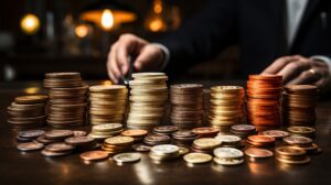 Eight piles of coins and some scattered coins representing compensation payouts, sat on a table.