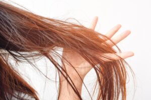 A Person Holds Up Long Brown Damaged Hair With Fingers.