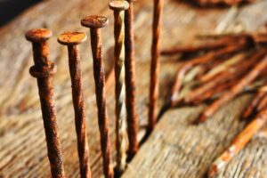 Some rusty nails sticking out of some floorboards.