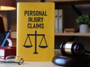 Personal injury claims law book on a desk with gavel. 