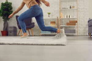 A woman falling over in an office after she tripped on a rug
