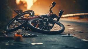A broken bicycle lying on its side on the motorway, amidst debris.