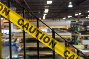 Yellow tape with the word 'caution' over some railings. The inside of a factory is visible in the background.