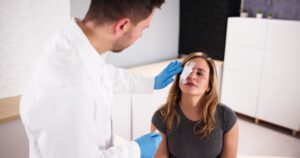 A woman receiving hospital treatment for an injured eye.