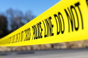 A close up shot of yellow police tape.