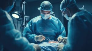 Surgeons holding tools and looking down at a patient on the operating table.