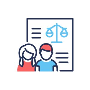 A 2D graphical cartoon of a man and woman standing in front of a legal document.
