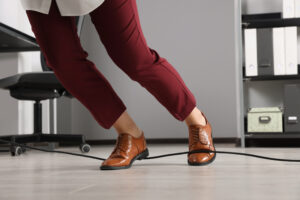 A woman tripping over a cable in the office.