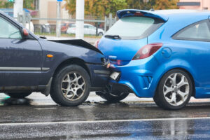 A car crash where one car has collided with the back of another.