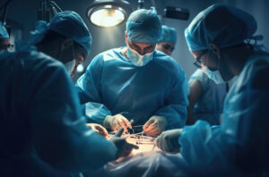 Medical professionals completing cosmetic surgery on a woman