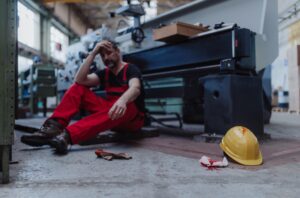A worker with serious tendon and soft tissue damage sits on the ground after a workplace accident.