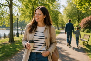 A smiling woman walking in the park following a successful GBH claim.