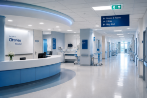 A ward in a hospital showing a reception desk and empty corridors